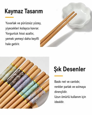Valkyrie 10 Çift Mermer Desenli Bambu Yemek Çubuğu Seti 20 Adet Kaymaz Uçlu Kutulu Chopstick