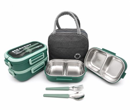 Valkyrie 304 Çelik Bölmeli Lunch Box Seti | Termal Çantalı, Bölmeli, Çatal Kaşıklı, Sızdırmaz Yemek Kabı Sarı-Yeşil