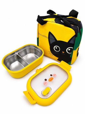 Valkyrie 304 Paslanmaz Çelik Çocuk Beslenme Kabı Kedili Termal Çantalı 2 Bölmeli Lunch Box Yemek Kabı 