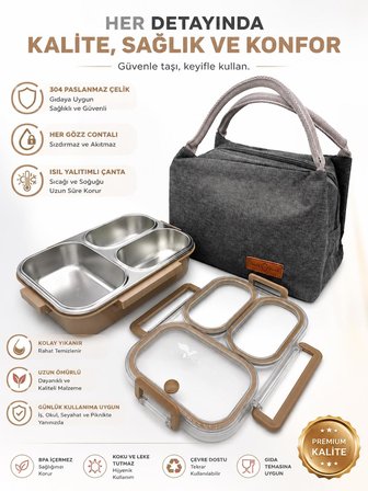 Valkyrie 304 Paslanmaz Çelik 3 Bölmeli Kahve Lunch Box Termal Çantalı – Sızdırmaz Kapaklı Beslenme Kabı,