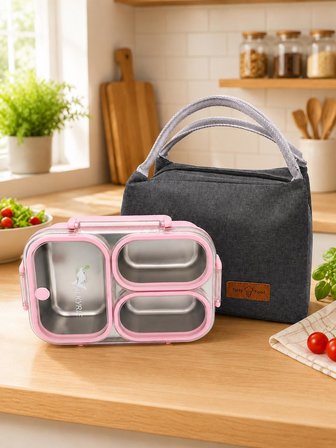 Valkyrie 304 Paslanmaz Çelik 3 Bölmeli Pembe Lunch Box Termal Çantalı – Sızdırmaz Kapaklı Beslenme Kabı,