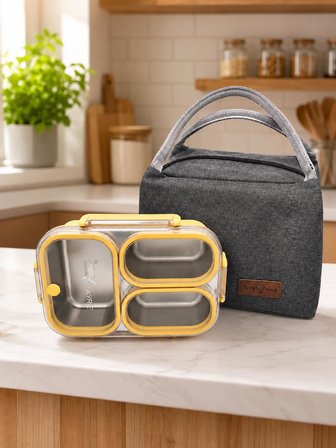 Valkyrie 304 Paslanmaz Çelik 3 Bölmeli Sarı  Lunch Box Termal Çantalı – Sızdırmaz Kapaklı Beslenme Kabı,