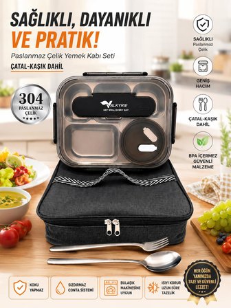 Valkyrie 304 Paslanmaz Çelik Lunch Box 2400 ML Termal Taşıma Çantalı 5 Bölmeli Sızdırmaz Yemek Kabı Çatal Kaşık Dahil Siyah