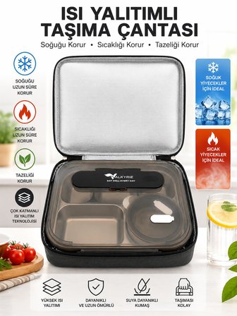 Valkyrie 304 Paslanmaz Çelik Lunch Box 2400 ML Termal Taşıma Çantalı 5 Bölmeli Sızdırmaz Yemek Kabı Çatal Kaşık Dahil Siyah