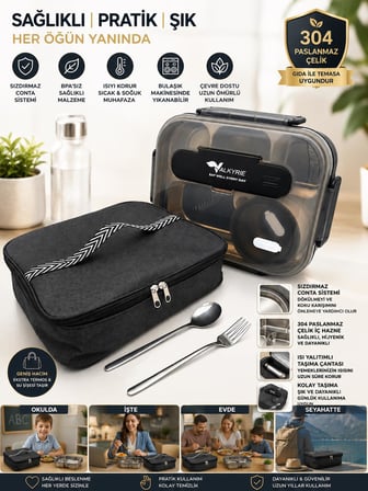 Valkyrie 304 Paslanmaz Çelik Lunch Box 2400 ML Termal Taşıma Çantalı 5 Bölmeli Sızdırmaz Yemek Kabı Çatal Kaşık Dahil Siyah