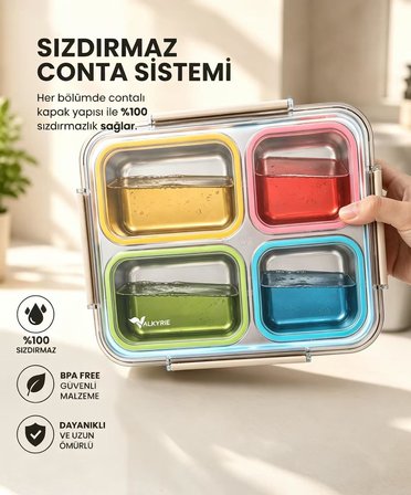 Valkyrie 1500 ml 4 Bölmeli Paslanmaz Çelik Lunch Box Termal Çantalı | 304 Çelik Sızdırmaz Yemek Kabı