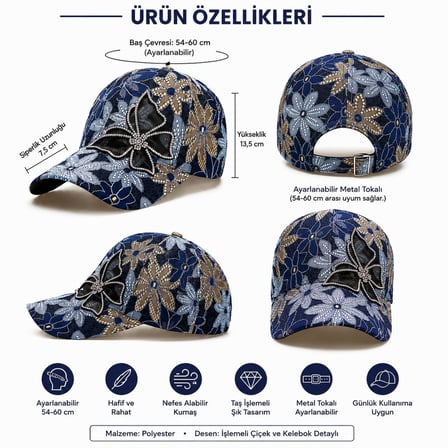 Valkyrie Kadın Lacivert Dantel Desenli Kelebek Taşlı Çiçek Aplikeli Şapka Ayarlanabilir Şapka