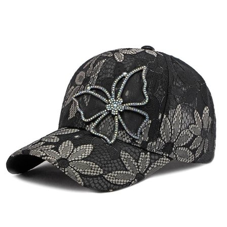 Valkyrie Kadın Siyah Dantel Şapka Taş İşlemeli Çiçek Detaylı Ayarlanabilir Baseball Cap Yazlık Şapka