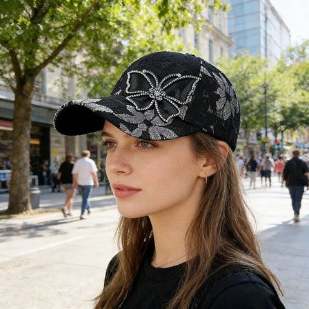Valkyrie Kadın Siyah Dantel Şapka Taş İşlemeli Çiçek Detaylı Ayarlanabilir Baseball Cap Yazlık Şapka