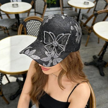 Valkyrie Kadın Siyah Dantel Şapka Taş İşlemeli Çiçek Detaylı Ayarlanabilir Baseball Cap Yazlık Şapka