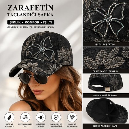 Valkyrie Kadın Siyah Dantel Şapka Taş İşlemeli Çiçek Detaylı Ayarlanabilir Baseball Cap Yazlık Şapka