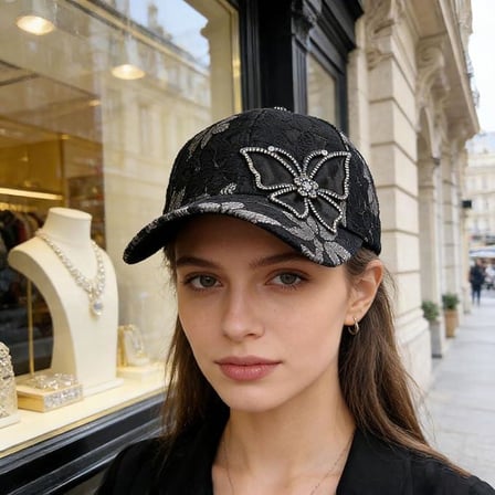 Valkyrie Kadın Siyah Dantel Şapka Taş İşlemeli Çiçek Detaylı Ayarlanabilir Baseball Cap Yazlık Şapka
