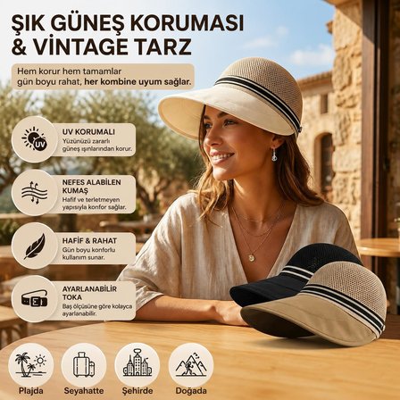 Kadın Yazlık Geniş Siperlikli Hasır Vizör Şapka Katlanabilir UV Korumalı Ayarlanabilir Şapka Krem