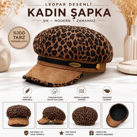 Kadın Leopar Desenli Denizci Şapkası Newsboy Kasket Baker Boy Şapka Vintage Retro Sonbahar Kış Şapkası