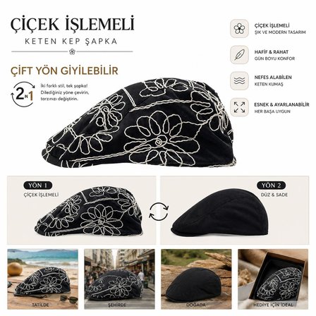 Valkyrie Kadın Çiçek İşlemeli Keten Kasket Şapka Siyah Beyaz Yazlık Hafif ve Şık Kep Şapka