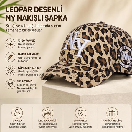 Valkyrie Açık Leopar Desenli NY Nakışlı Unisex Şapka Ayarlanabilir %100 Pamuk Spor Günlük Şapka