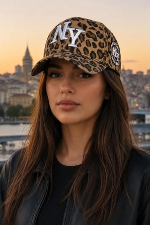 Valkyrie Koyu Leopar Desenli NY Nakışlı Unisex Şapka Ayarlanabilir %100 Pamuk Spor Günlük Şapka