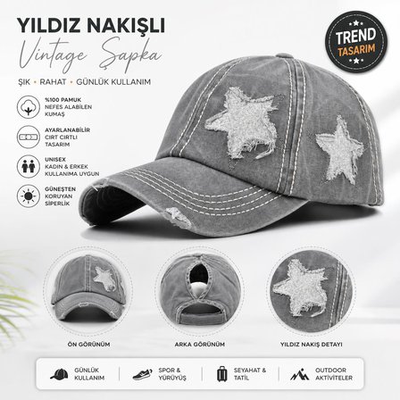 Valkyrie Vintage Yıldız Nakışlı Gri Şapka Unisex Ayarlanabilir Pamuk Baseball Cap Eskitme Spor Şapka