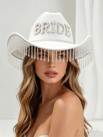 Valkyrie Bride Yazılı Beyaz Gelin Kovboy Şapkası Taşlı İncili Püsküllü Bekarlığa Veda Düğün Aksesuarı