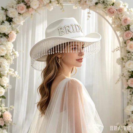 Valkyrie Bride Yazılı Beyaz Gelin Kovboy Şapkası Taşlı İncili Püsküllü Bekarlığa Veda Düğün Aksesuarı