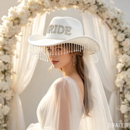 Valkyrie Bride Yazılı Taşlı Beyaz Kovboy Şapkası – Kristal Püsküllü Bekarlığa Veda, Düğün ve Party Aksesuarı