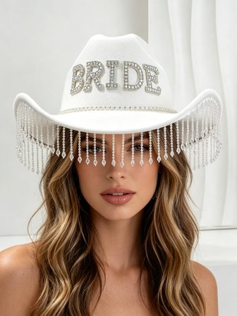 Valkyrie Bride Yazılı Taşlı Beyaz Kovboy Şapkası – Kristal Püsküllü Bekarlığa Veda, Düğün ve Party Aksesuarı