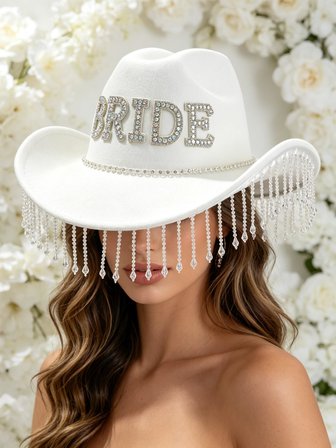 Valkyrie Bride Yazılı Taşlı Beyaz Kovboy Şapkası – Kristal Püsküllü Bekarlığa Veda, Düğün ve Party Aksesuarı