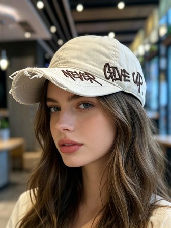 Valkyrie Unisex Krem Never Give Up Nakışlı Baseball Şapka Ayarlanabilir Vintage Streetwear Spor Kep