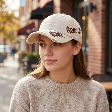 Valkyrie Unisex Krem Never Give Up Nakışlı Baseball Şapka Ayarlanabilir Vintage Streetwear Spor Kep