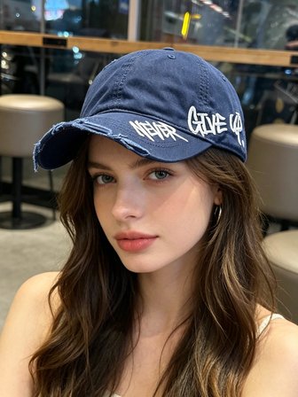 Valkyrie Unisex Lacivert Never Give Up Nakışlı Baseball Şapka Ayarlanabilir Vintage Streetwear Spor Kep