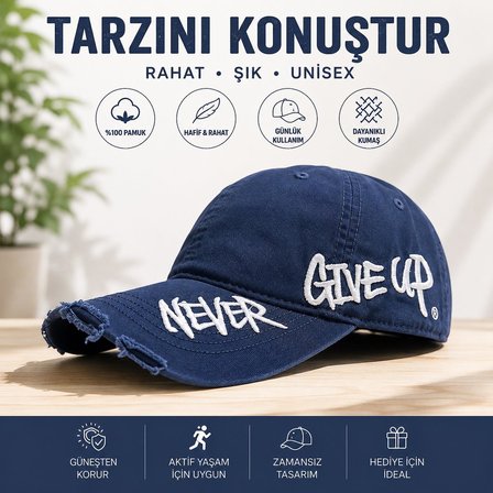 Valkyrie Unisex Lacivert Never Give Up Nakışlı Baseball Şapka Ayarlanabilir Vintage Streetwear Spor Kep