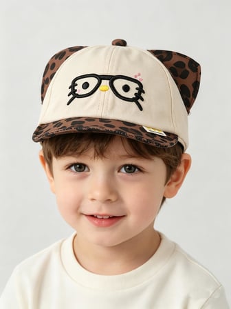 Valkyrie Unisex Çocuk Gözlüklü Kedi Kulaklı Şapka Bej Leopar Desenli Nakışlı Ayarlanır Yazlık Kep