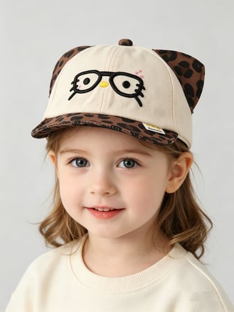 Valkyrie Unisex Çocuk Gözlüklü Kedi Kulaklı Şapka Bej Leopar Desenli Nakışlı Ayarlanır Yazlık Kep