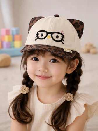 Valkyrie Unisex Çocuk Gözlüklü Kedi Kulaklı Şapka Bej Leopar Desenli Nakışlı Ayarlanır Yazlık Kep