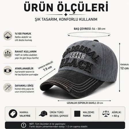 Valkyrie Original The Black Nakışlı Unisex Beyzbol Şapkası Vintage Eskitme Pamuk Ayarlanır Bordo