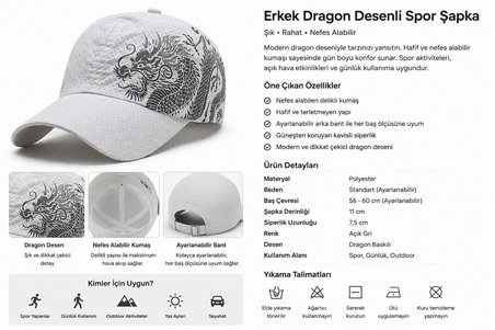 Valkyrie Dragon Nefes Alabilir Beyaz Spor Şapka – Ayarlanabilir Outdoor Balıkçı Günlük Unisex Şapka