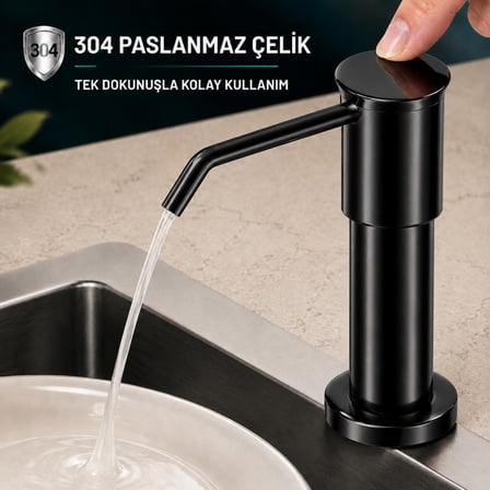 Valkyrie Siyah Ankastre Sıvı Sabunluk Bulaşık Deterjanı Pompası 304 Paslanmaz Çelik 1 Metre Hortumlu