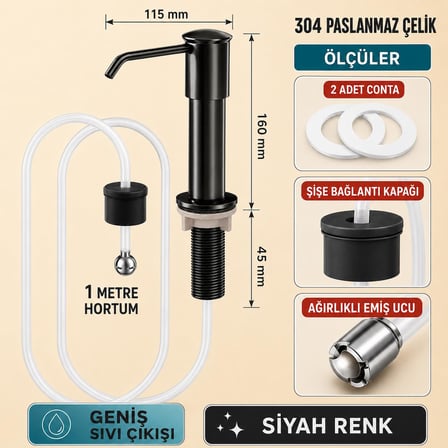Valkyrie Siyah Ankastre Sıvı Sabunluk Bulaşık Deterjanı Pompası 304 Paslanmaz Çelik 1 Metre Hortumlu