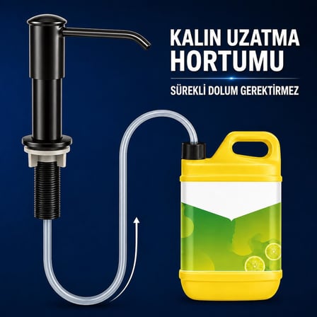 Valkyrie Siyah Ankastre Sıvı Sabunluk Bulaşık Deterjanı Pompası 304 Paslanmaz Çelik 1 Metre Hortumlu