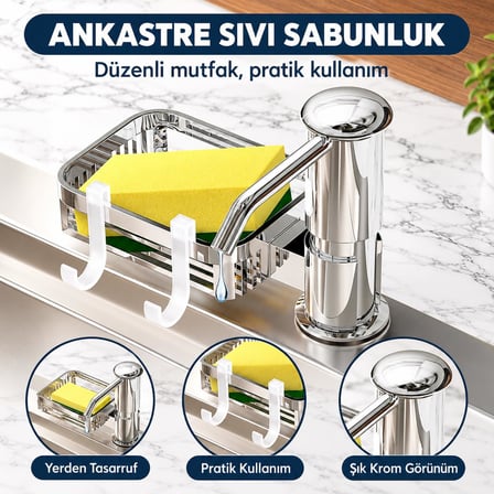 Ankastre Sıvı Sabunluk Pompası Süngerlikli Uzun Hortumlu Krom Mutfak Sabun Dispenseri Gümüş