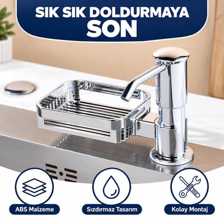 Ankastre Sıvı Sabunluk Pompası Süngerlikli Uzun Hortumlu Krom Mutfak Sabun Dispenseri Gümüş