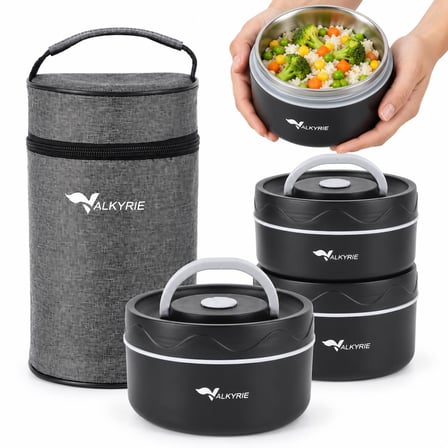 Valkyrie 3 Katlı Taraftar 304 Paslanmaz Çelik Yemek Termosu 420+420+550ml Isı Yalıtımlı Çantalı Siyah