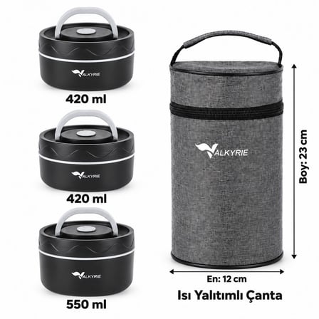 Valkyrie 3 Katlı Taraftar 304 Paslanmaz Çelik Yemek Termosu 420+420+550ml Isı Yalıtımlı Çantalı Siyah