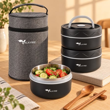Valkyrie 3 Katlı Taraftar 304 Paslanmaz Çelik Yemek Termosu 420+420+550ml Isı Yalıtımlı Çantalı Siyah