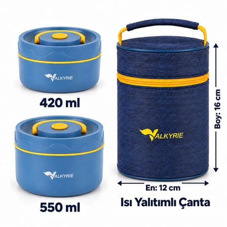 Valkyrie 2 Katlı Taraftar 304 Paslanmaz Çelik Yemek Termosu 420+550 ml Isı Yalıtımlı Çantalı Lacivert