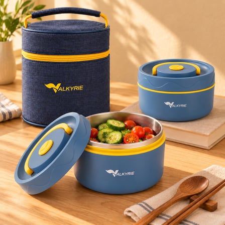 Valkyrie 2 Katlı Taraftar 304 Paslanmaz Çelik Yemek Termosu 420+550 ml Isı Yalıtımlı Çantalı Lacivert