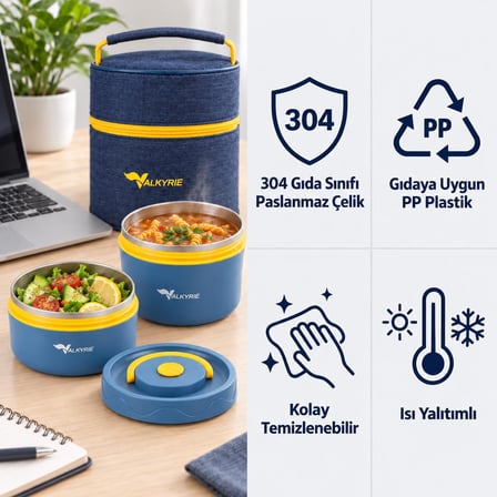Valkyrie 2 Katlı Taraftar 304 Paslanmaz Çelik Yemek Termosu 420+550 ml Isı Yalıtımlı Çantalı Lacivert