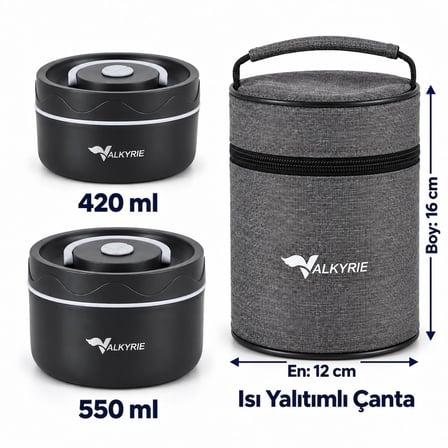 Valkyrie 2 Katlı Taraftar 304 Paslanmaz Çelik Yemek Termosu 420+550 ml Isı Yalıtımlı Çantalı Siyah