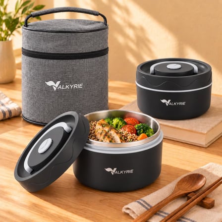 Valkyrie 2 Katlı Taraftar 304 Paslanmaz Çelik Yemek Termosu 420+550 ml Isı Yalıtımlı Çantalı Siyah