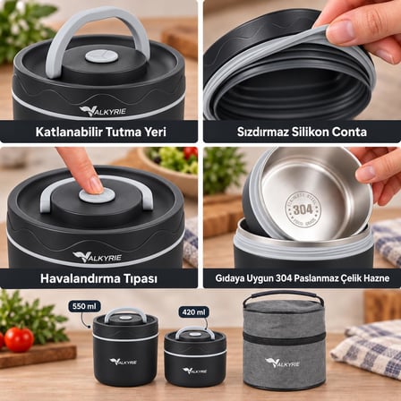 Valkyrie 2 Katlı Taraftar 304 Paslanmaz Çelik Yemek Termosu 420+550 ml Isı Yalıtımlı Çantalı Siyah